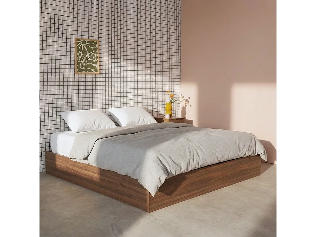 Cama con cajón y somier de láminas 160x200cm,  decorado en madera