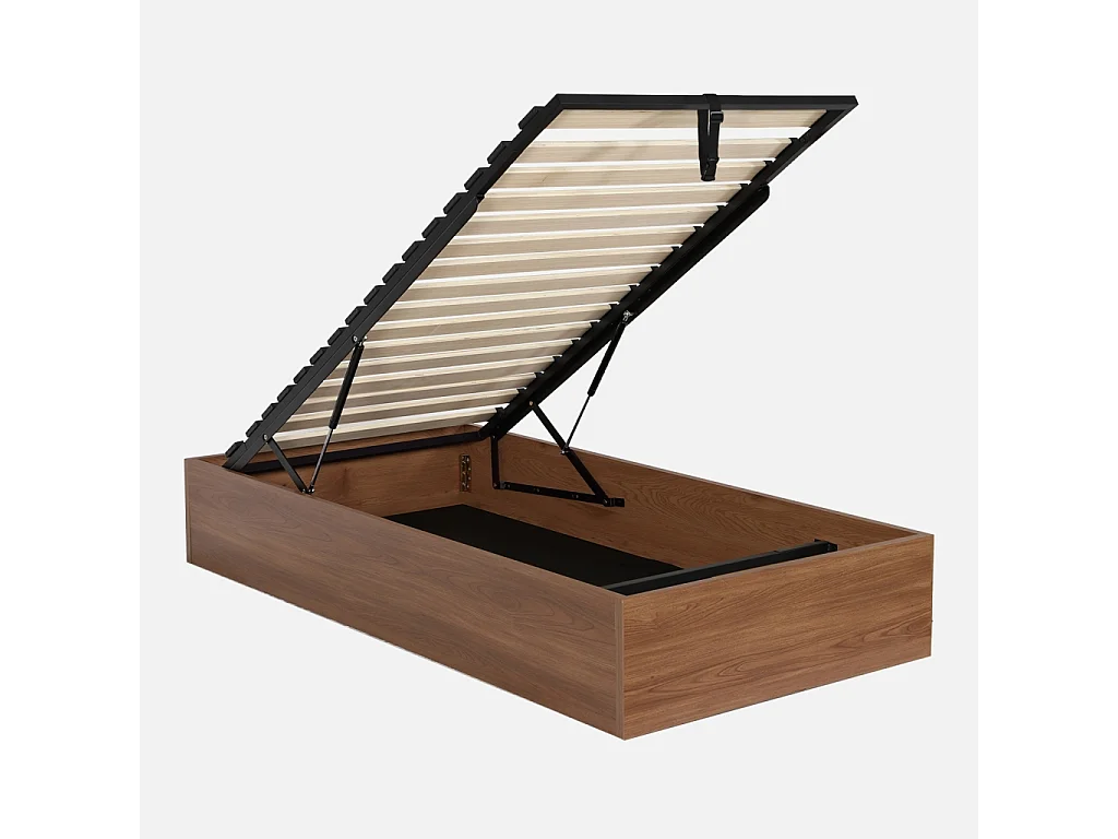 Letto contenitore con rete a doghe 90x190cm decorazione legno, noce