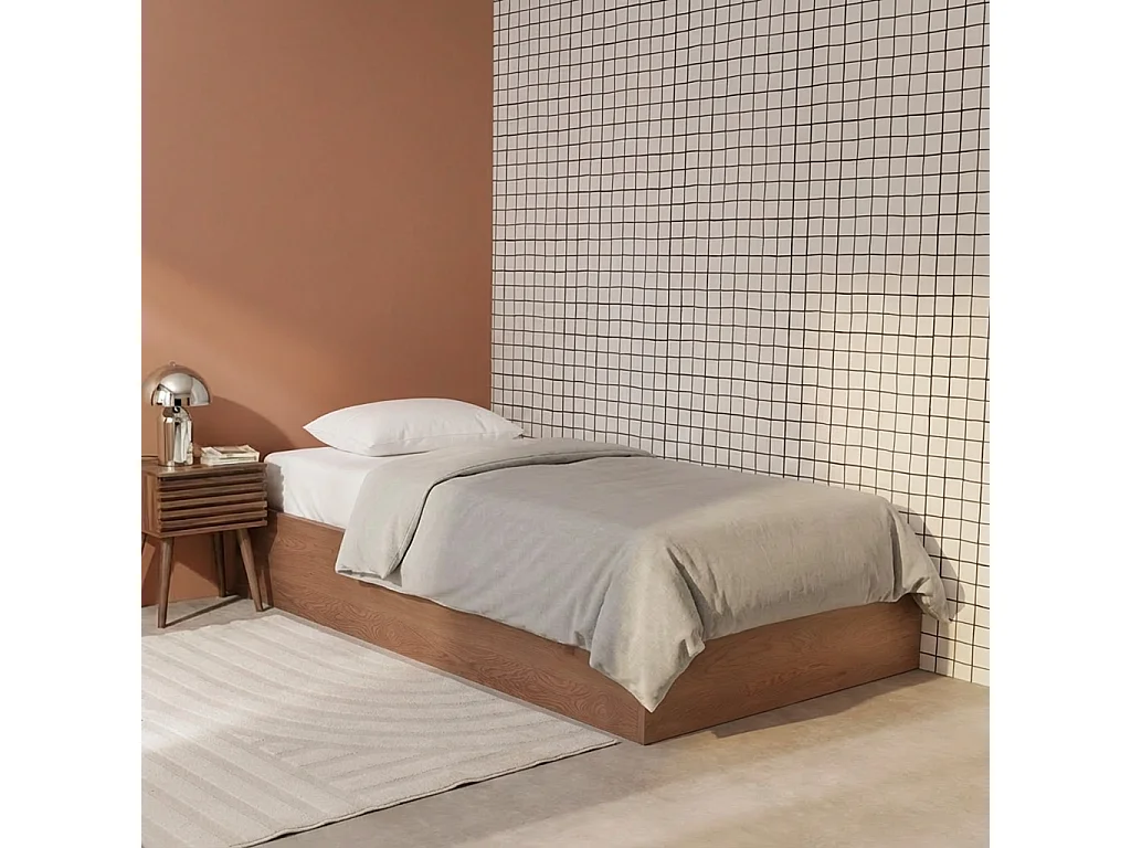 Letto contenitore con rete a doghe 90x190cm decorazione legno, noce