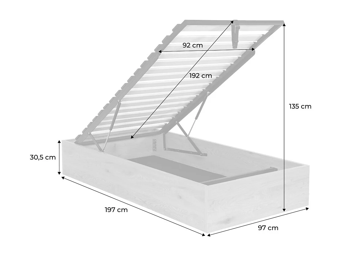 Letto contenitore con rete a doghe 90x190cm decorazione legno, noce