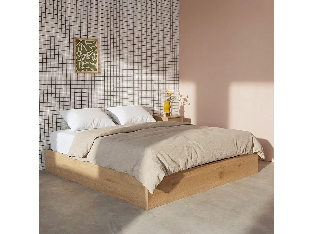 Cama con cajón y somier de láminas 160x200cm,  decorado en madera