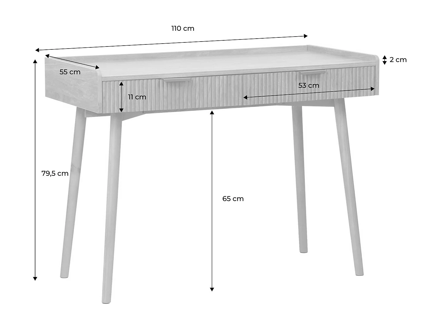 Bureau décor bois de manguier rainuré 2 tiroirs - 110 x 55 x 79.5 cm - Celian