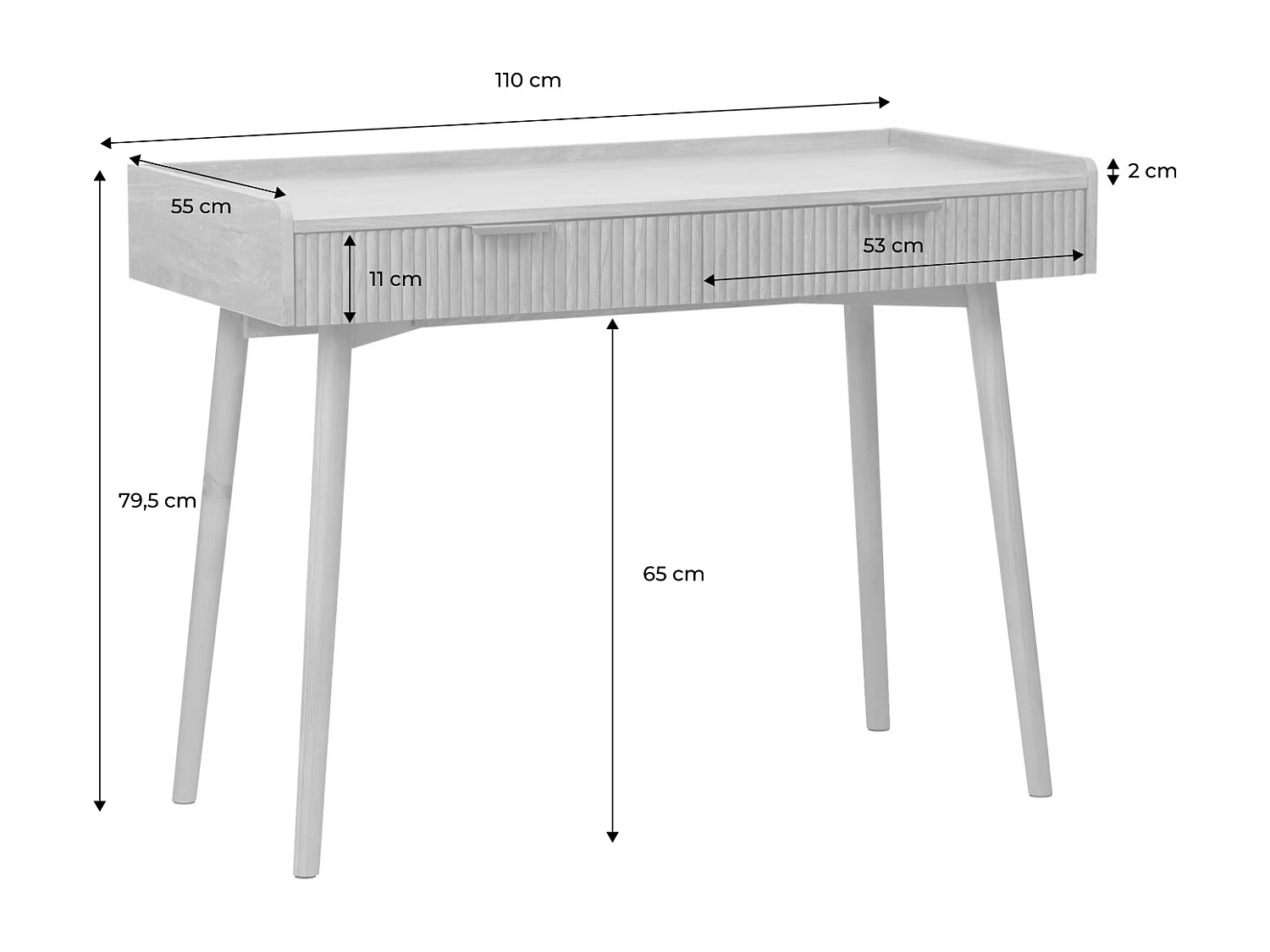 Bureau décor bois de manguier rainuré 2 tiroirs - 110 x 55 x 79.5 cm - Celian