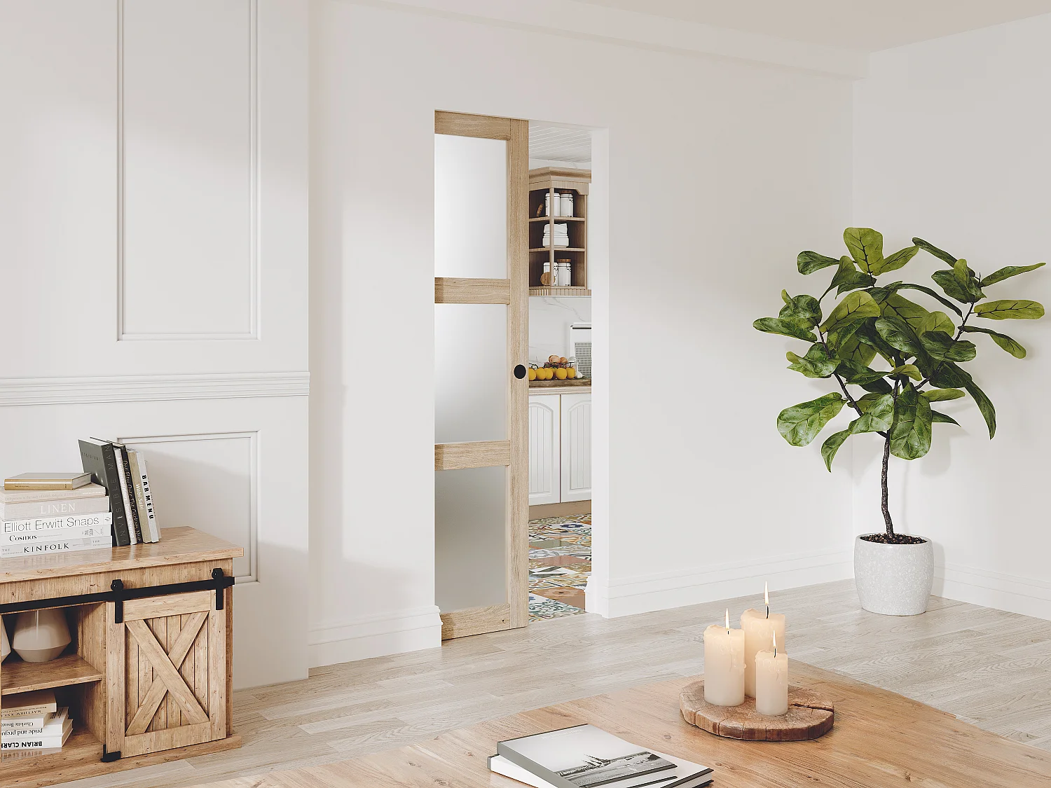 Schuifdeur met inbouwsysteem in hout en gehard gematteerd glas - 3 ramen - H 205 x B 63 cm - II - ACOSTA