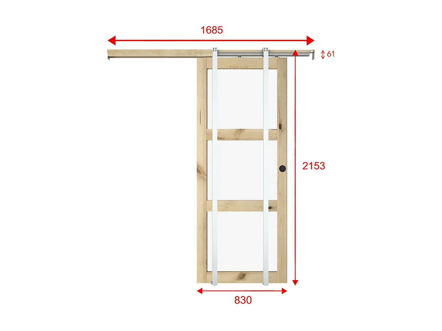 NEW Porte coulissante avec système à galandage en bois et verre trempé dépoli - 3 fenêtres - H205 x L83 cm - ACOSTA II