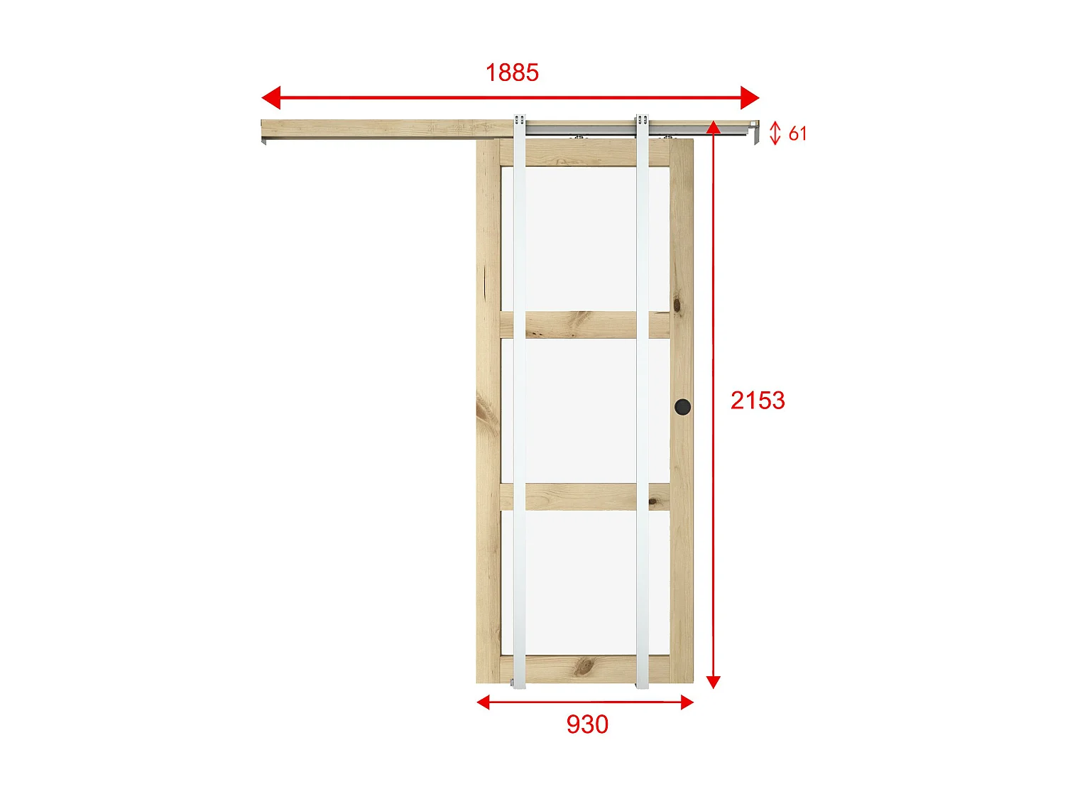 NEW Porte coulissante avec système à galandage en bois et verre trempé dépoli - 3 fenêtres - H205 x L93 cm - ACOSTA II