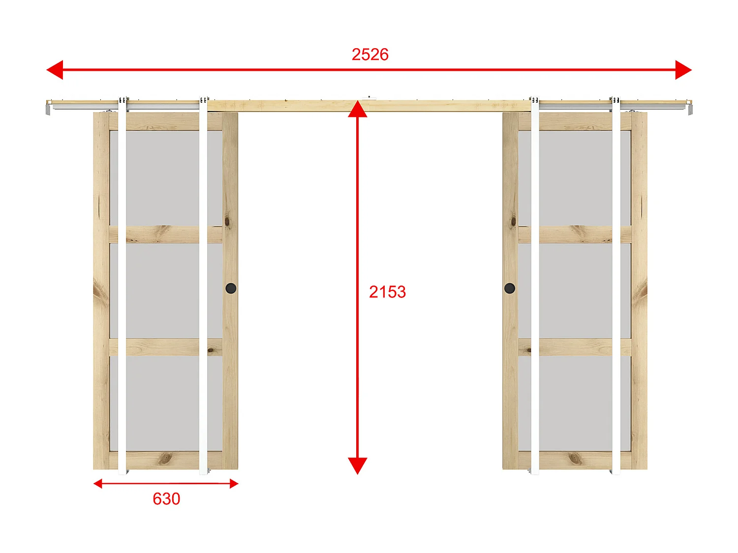 NEW Porte coulissante double avec système à galandage en bois et verre trempé dépoli - 3 fenêtres - 2 x H205 x L63 cm - ACOSTA II