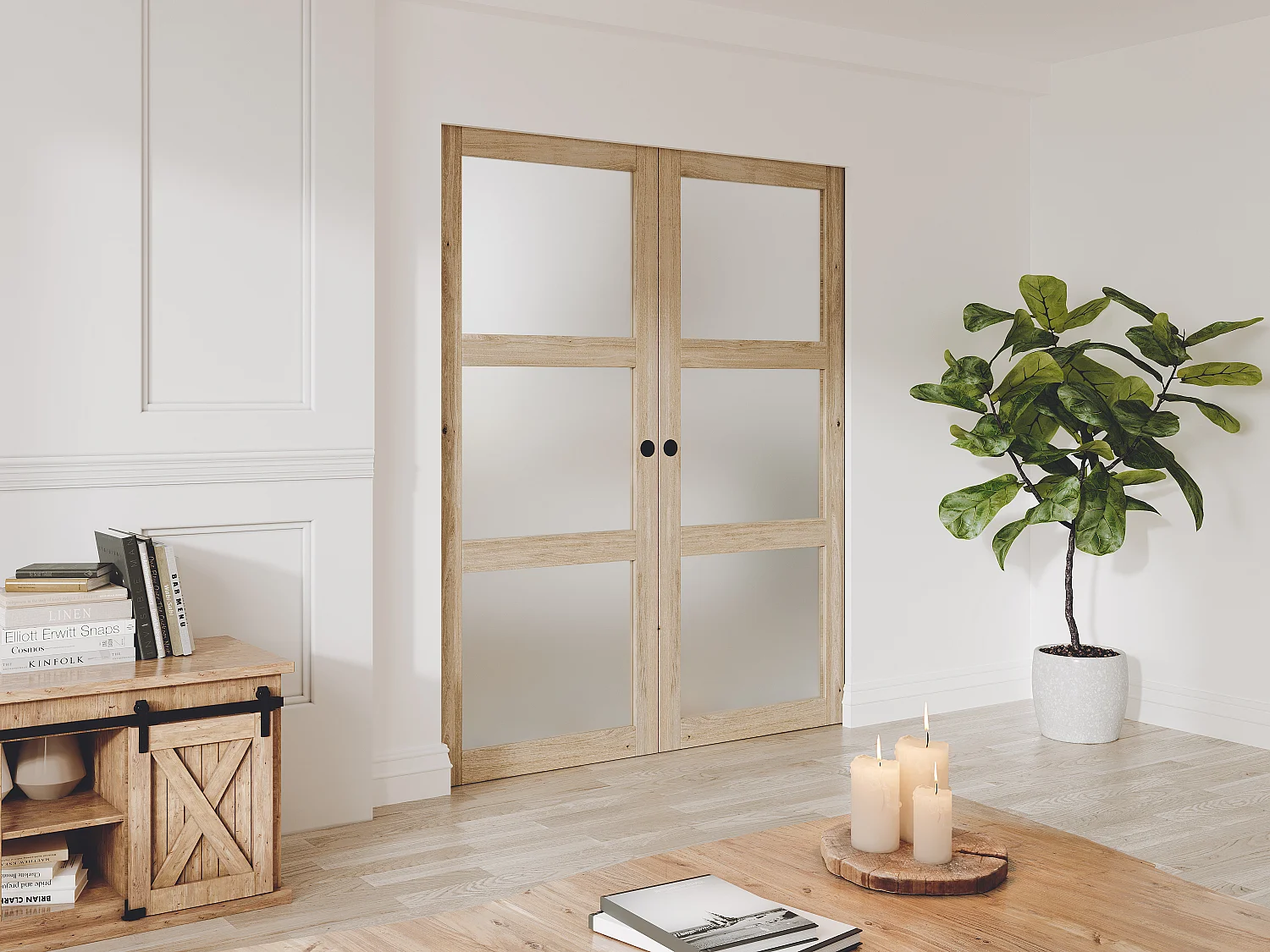 NEW Porte coulissante double avec système à galandage en bois et verre trempé dépoli - 3 fenêtres - 2 x H205 x L63 cm - ACOSTA II