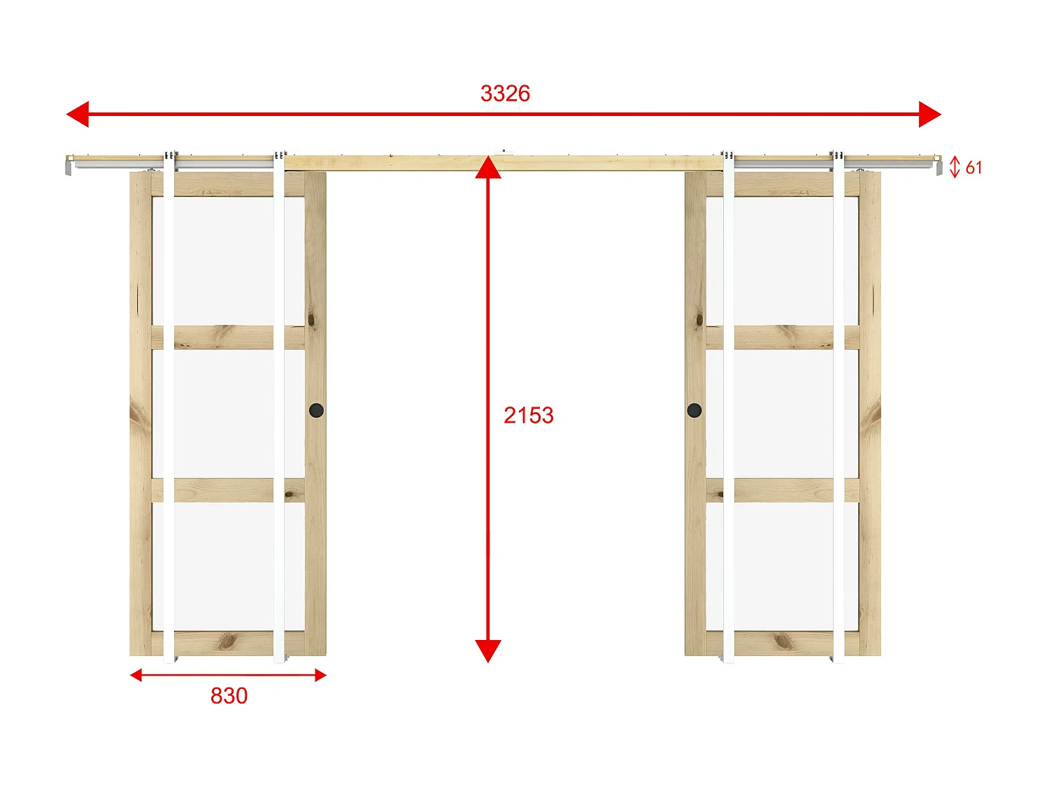 NEW Porte coulissante double avec système à galandage en bois et verre trempé dépoli - 3 fenêtres - 2 x H205 x L83 cm - ACOSTA II