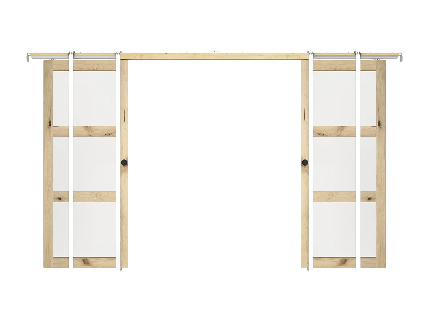 NEW Porte coulissante double avec système à galandage en bois et verre trempé dépoli - 3 fenêtres - 2 x H205 x L83 cm - ACOSTA II