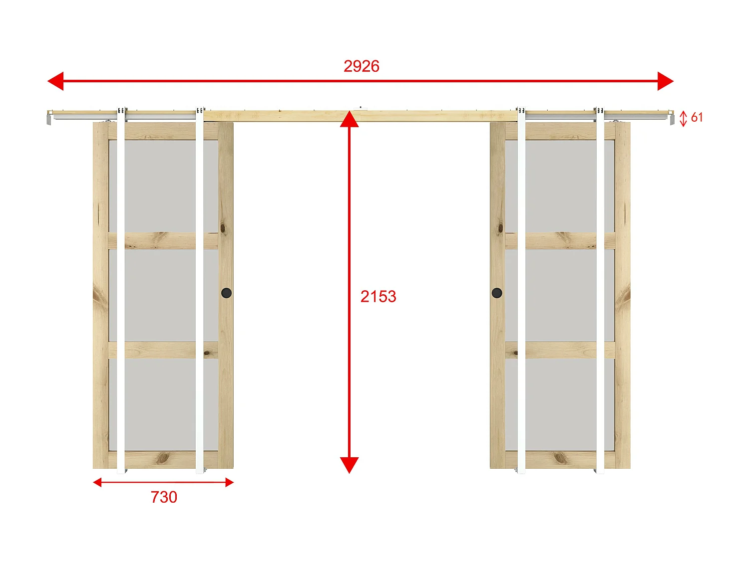 NEW Porte coulissante double avec système à galandage en bois et verre trempé dépoli - 3 fenêtres - 2 x H205 x L73 cm - ACOSTA II