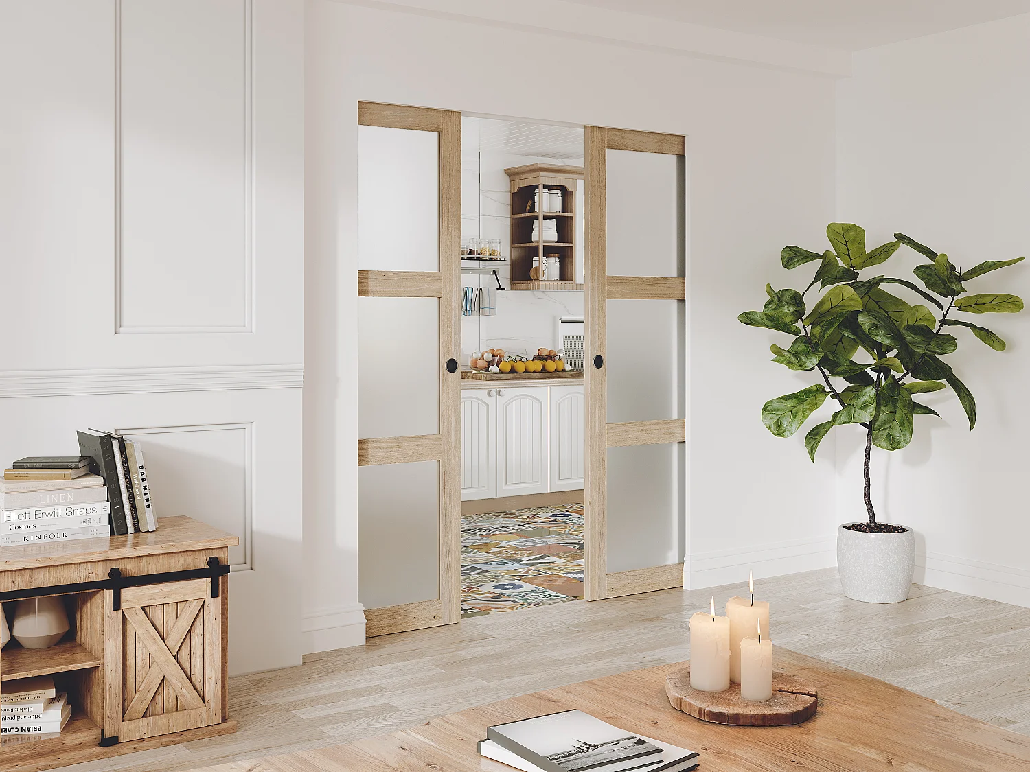 NEW Porte coulissante double avec système à galandage en bois et verre trempé dépoli - 3 fenêtres - 2 x H205 x L73 cm - ACOSTA II