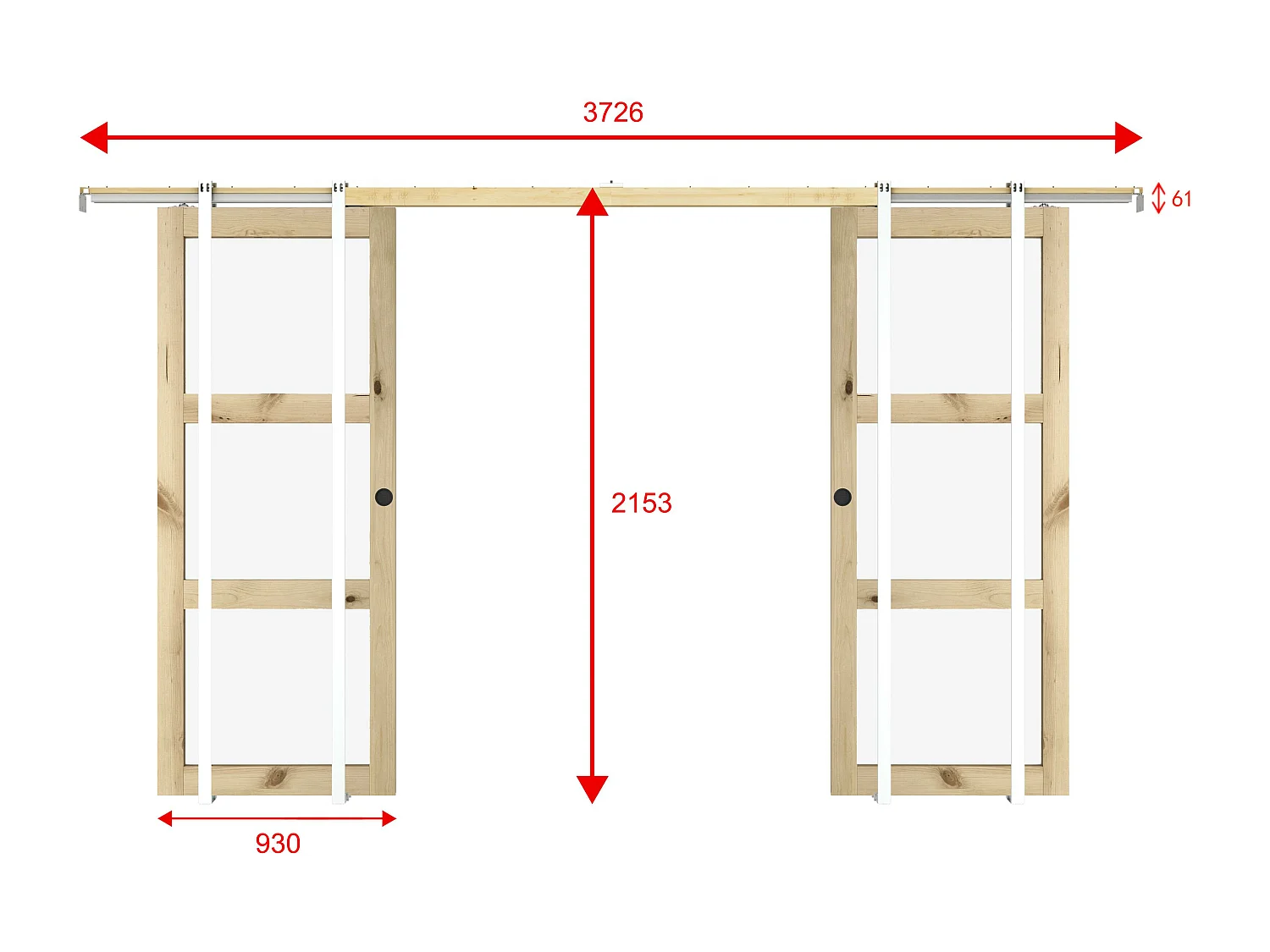 NEW Porte coulissante double avec système à galandage en bois et verre trempé dépoli - 3 fenêtres - 2 x H205 x L93 cm - ACOSTA II