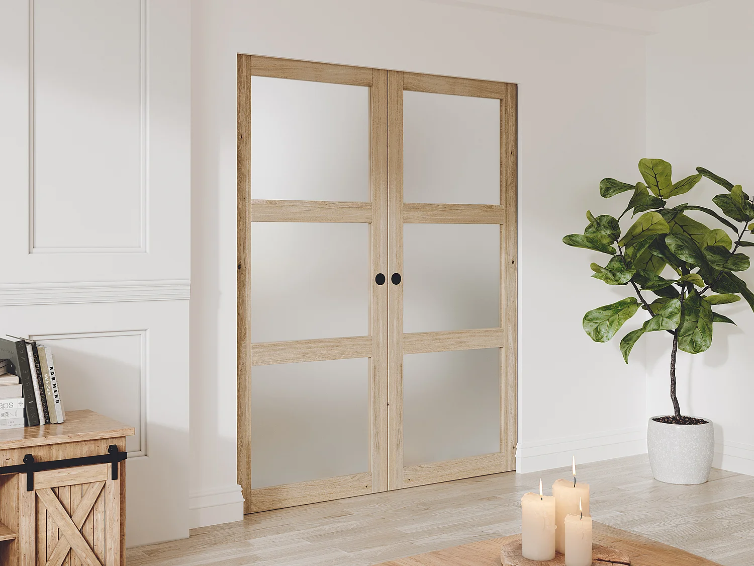 NEW Porte coulissante double avec système à galandage en bois et verre trempé dépoli - 3 fenêtres - 2 x H205 x L93 cm - ACOSTA II