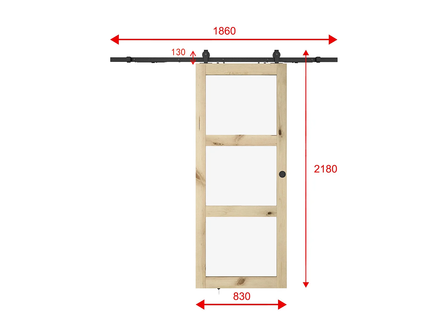 NEW Porte coulissante avec système en applique en bois et verre trempé dépoli - 3 fenêtres - H205 x L83 cm - ACOSTA II