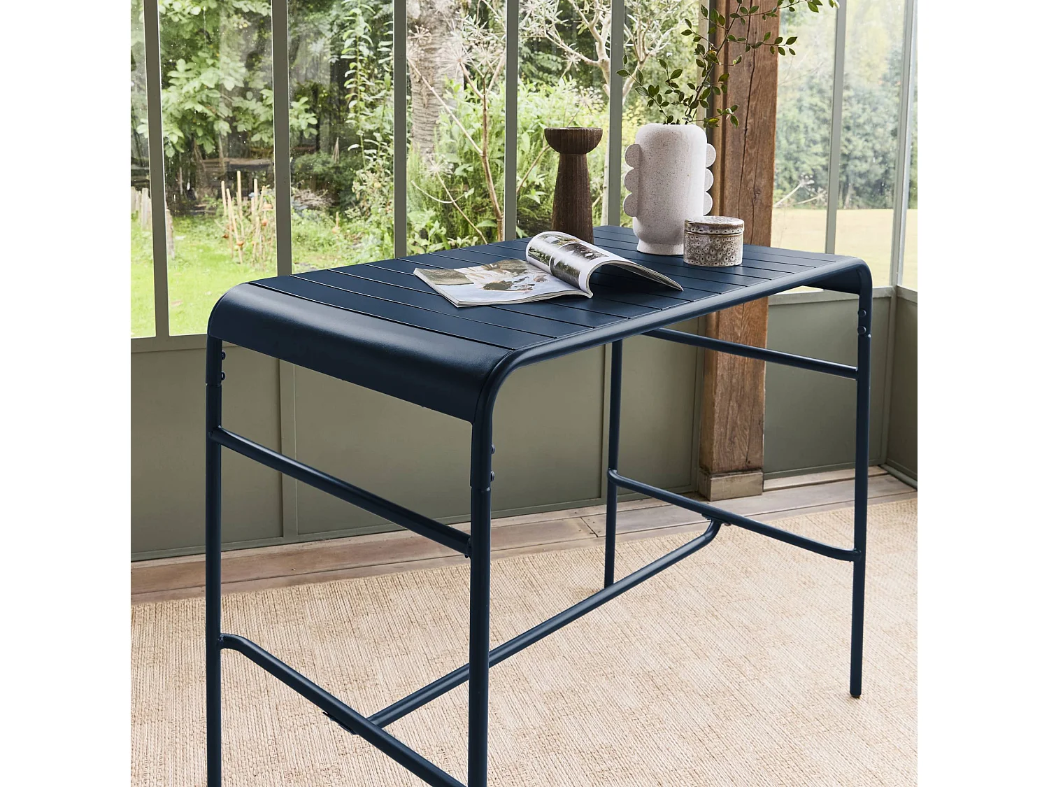 Mesa alta de jardín bistró de acero, 4 plazas, 120cm azul marino