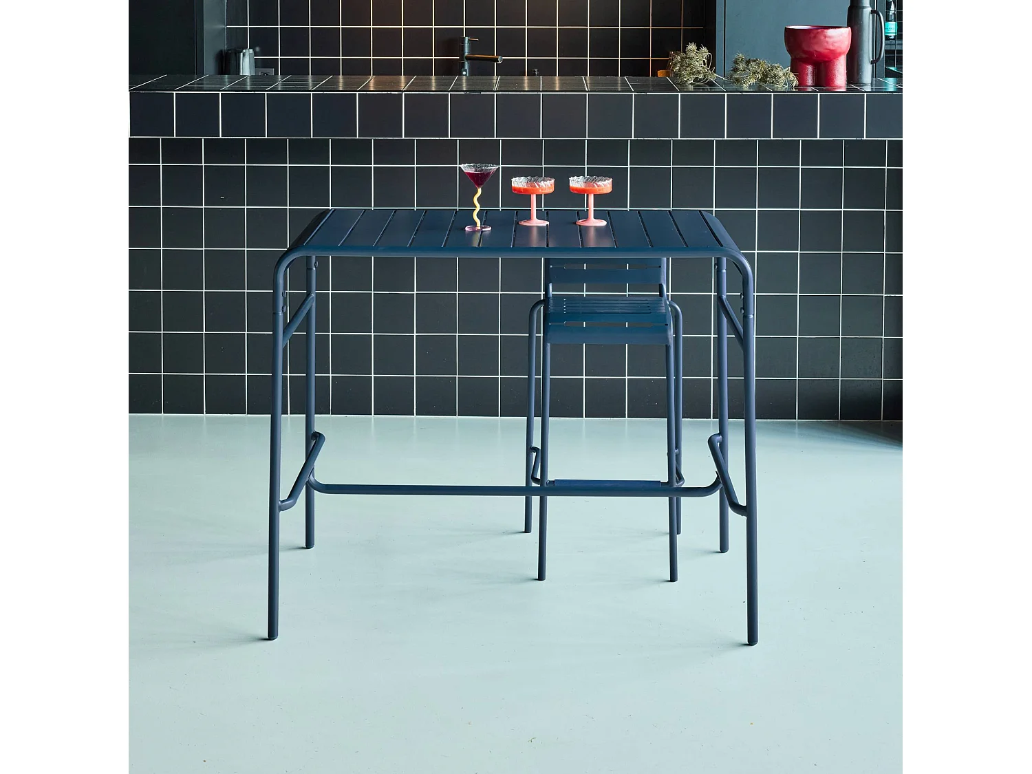 Mesa alta de jardín bistró de acero, 4 plazas, 120cm azul marino