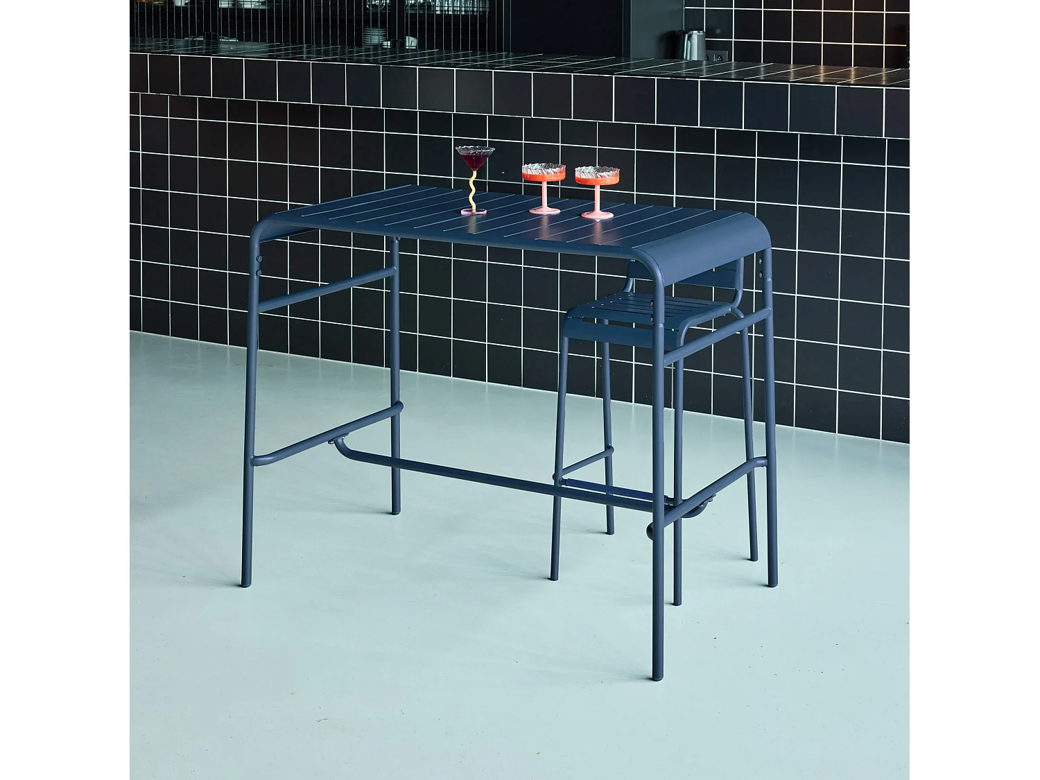 Mesa alta de jardín bistró de acero, 4 plazas, 120cm azul marino