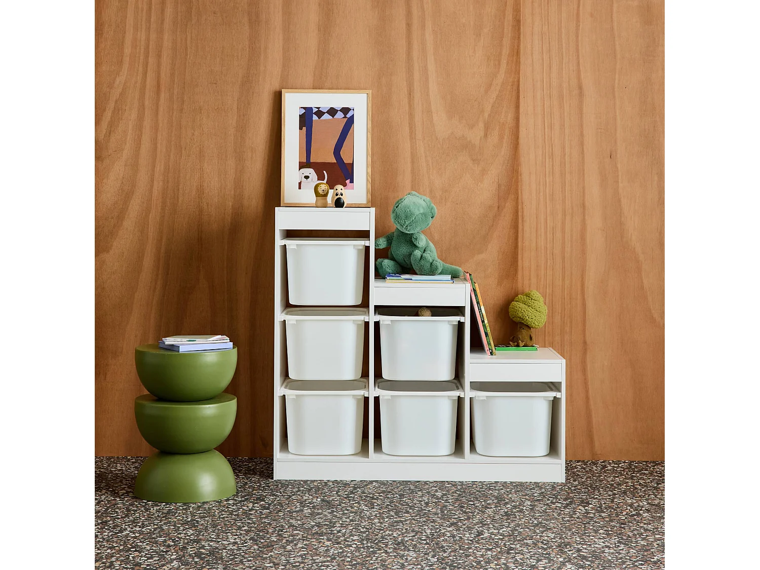 Meuble de rangement enfant escalier 6 bacs de rangement décor bois blanc - Sora