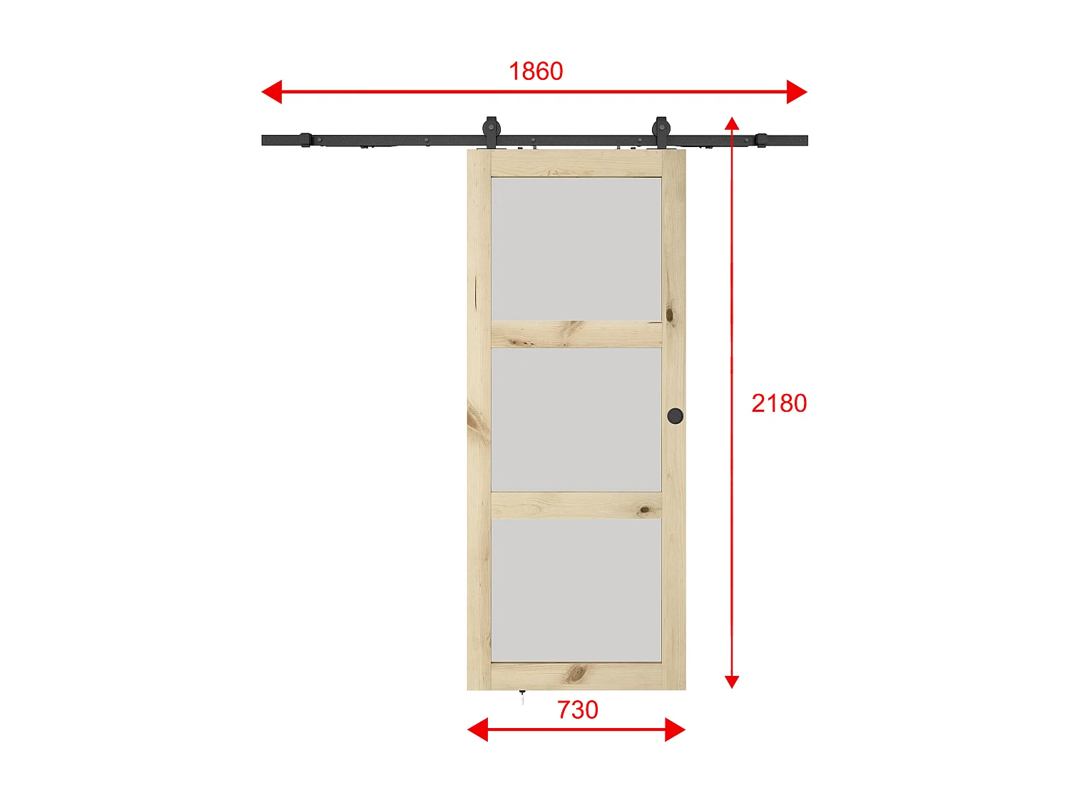 NEW Porte coulissante avec système en applique en bois et verre trempé dépoli - 3 fenêtres - H205 x L73 cm - ACOSTA II