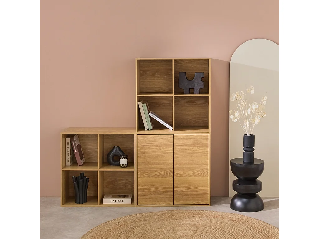 Libreria modulare in legno 3 elementi, 2 ante 8 vani, quercia