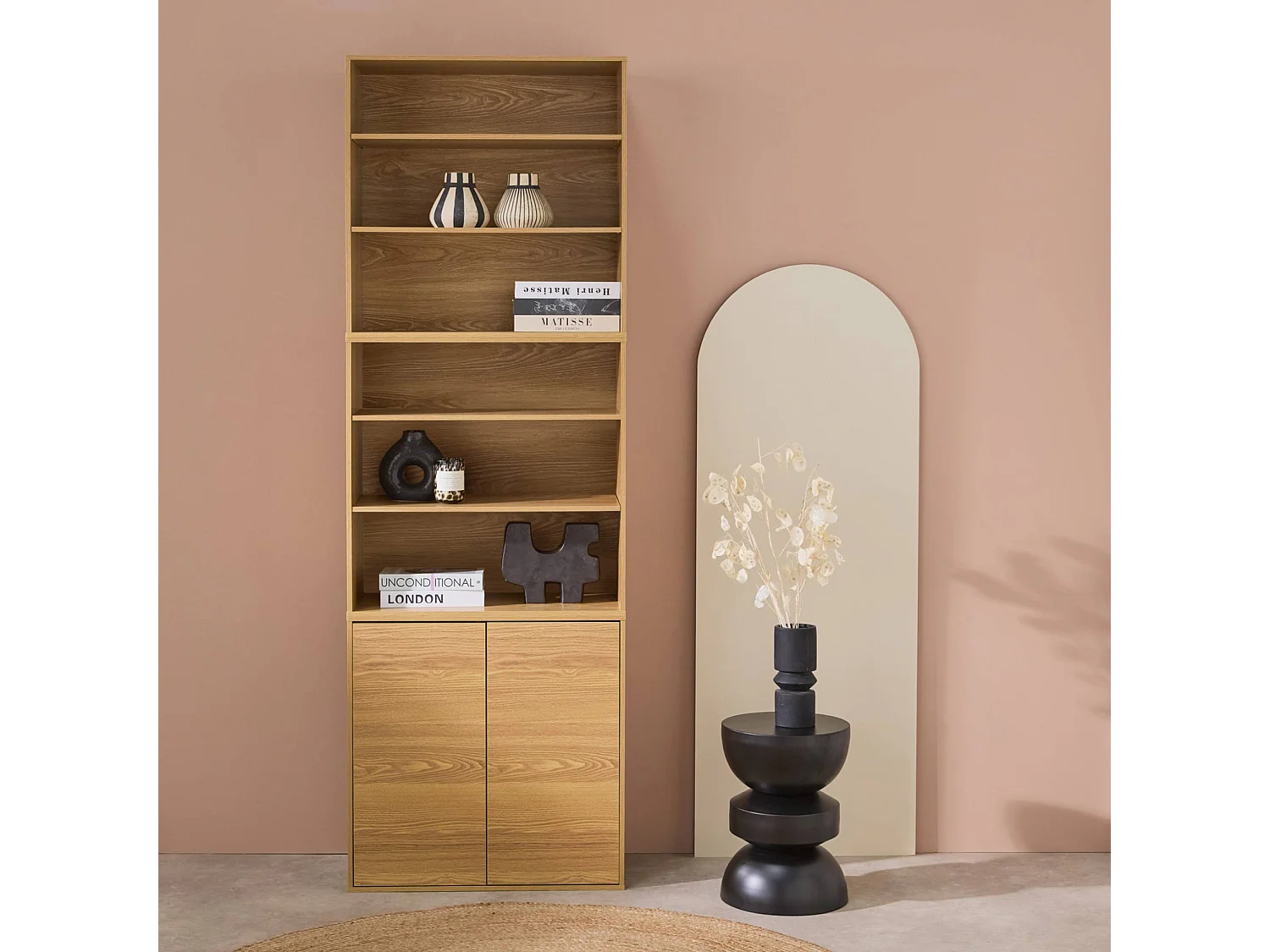 Etagère. bibliothèque modulable décor bois chêne 3 éléments - 2 portes 5 étagères L 70 x P 35 x H 210cm - Kompo