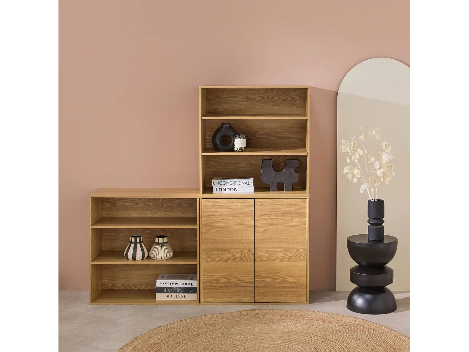 Etagère. bibliothèque modulable décor bois chêne 3 éléments - 2 portes 5 étagères L 70 x P 35 x H 210cm - Kompo