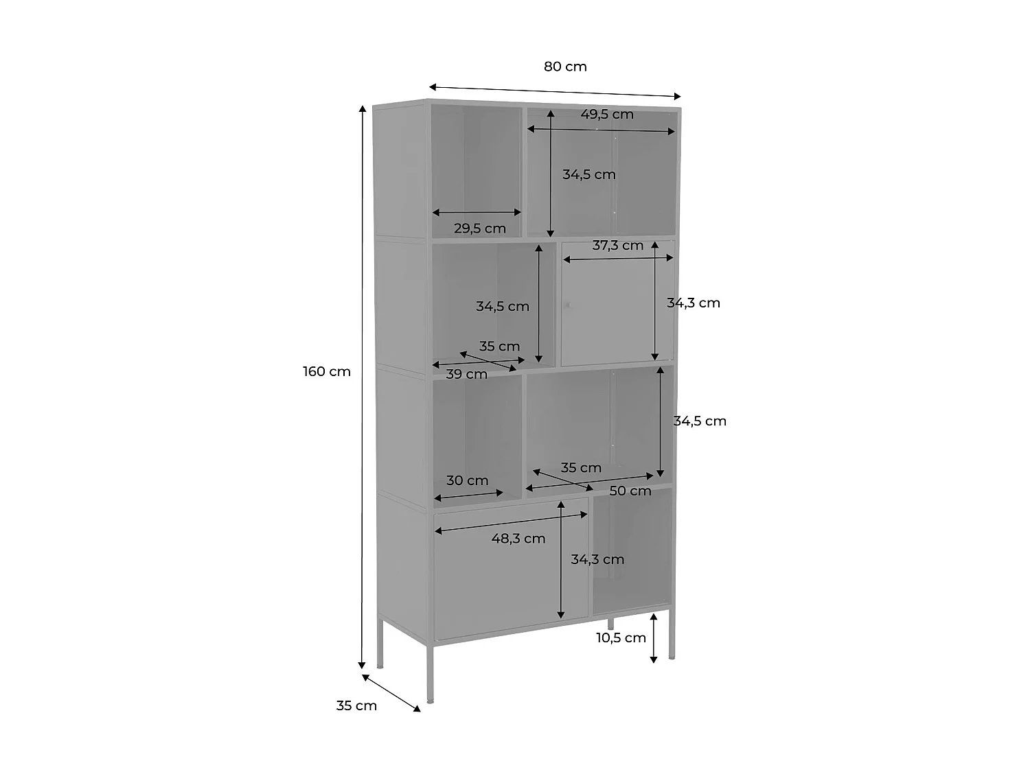 Buffet. meuble de rangement industriel métal crème 8 compartiments. L 80 x P 35 x H 160.5cm - Oklahoma