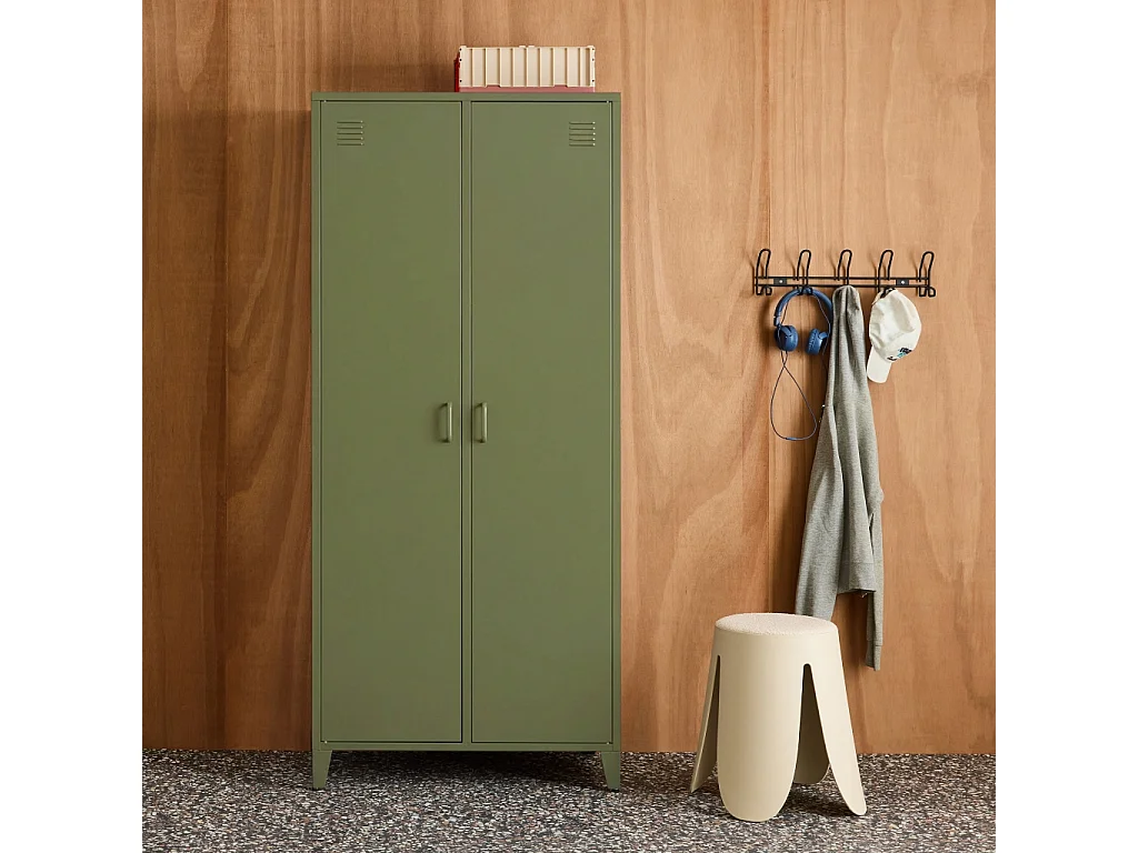 Armoire chambre dressing industriel métal kaki 2 portes. 4 étagères. 1 penderie