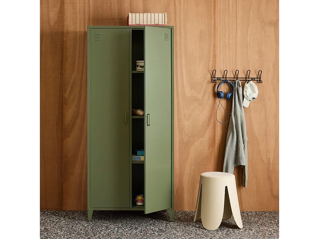 Armoire chambre dressing industriel métal kaki 2 portes. 4 étagères. 1 penderie