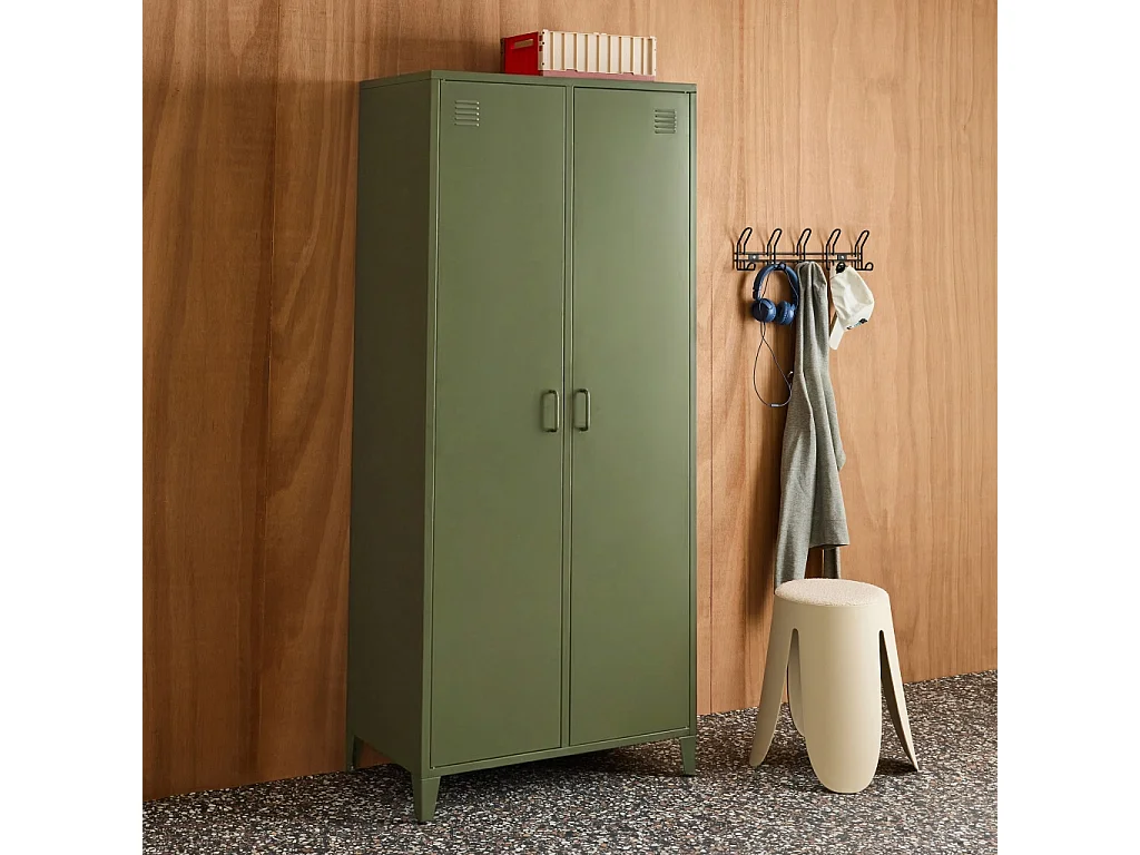 Armoire chambre dressing industriel métal kaki 2 portes. 4 étagères. 1 penderie
