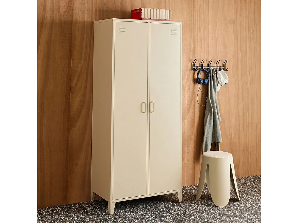 Armoire chambre dressing industriel métal beige 2 portes. 4 étagères. 1 penderie
