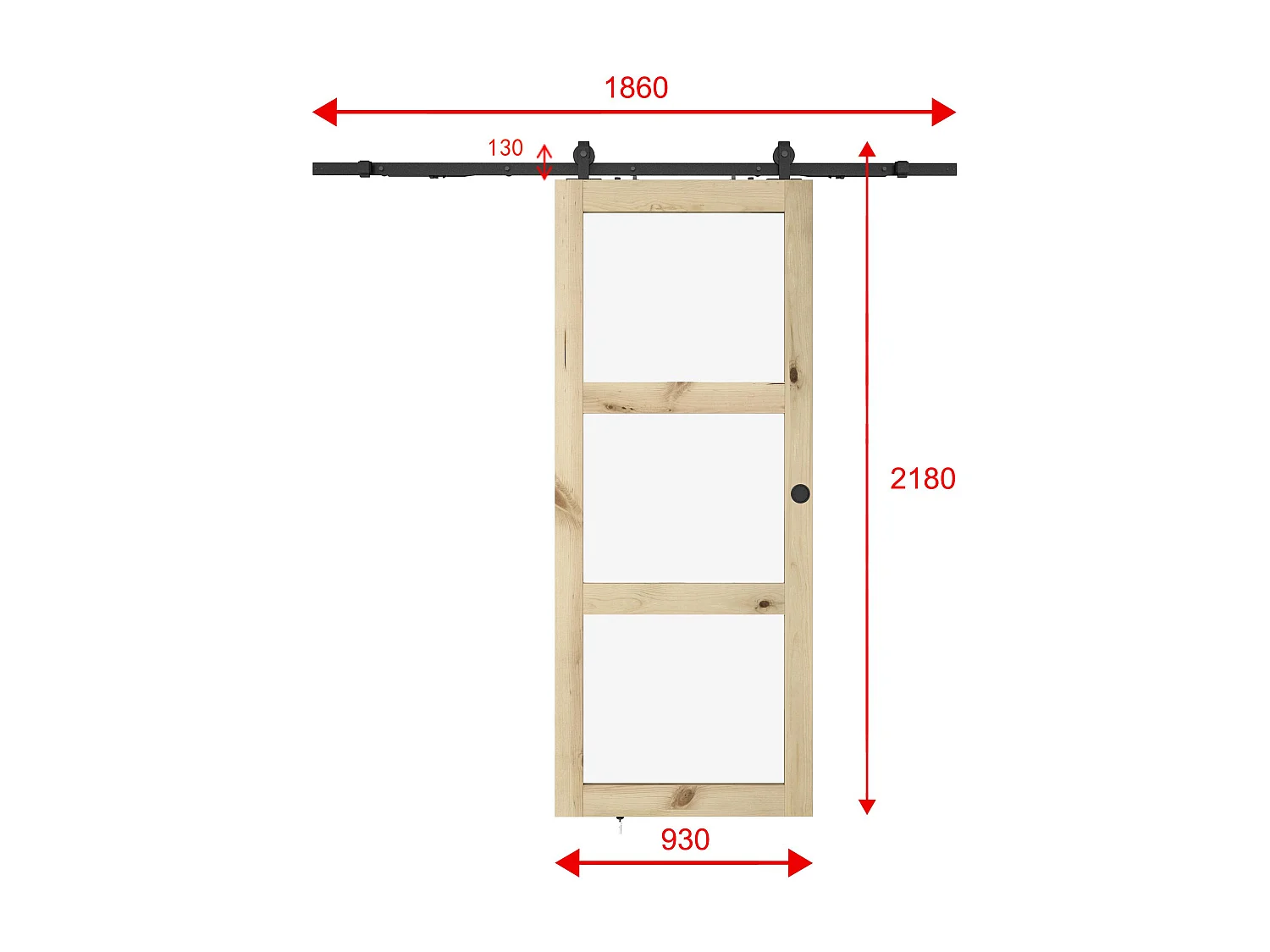 NEW Porte coulissante avec système en applique en bois et verre trempé dépoli - 3 fenêtres - H205 x L93 cm - ACOSTA II