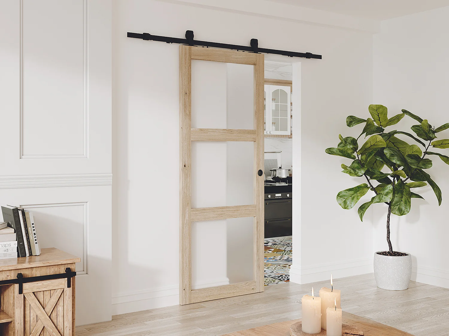 NEW Porte coulissante avec système en applique en bois et verre trempé dépoli - 3 fenêtres - H205 x L93 cm - ACOSTA II