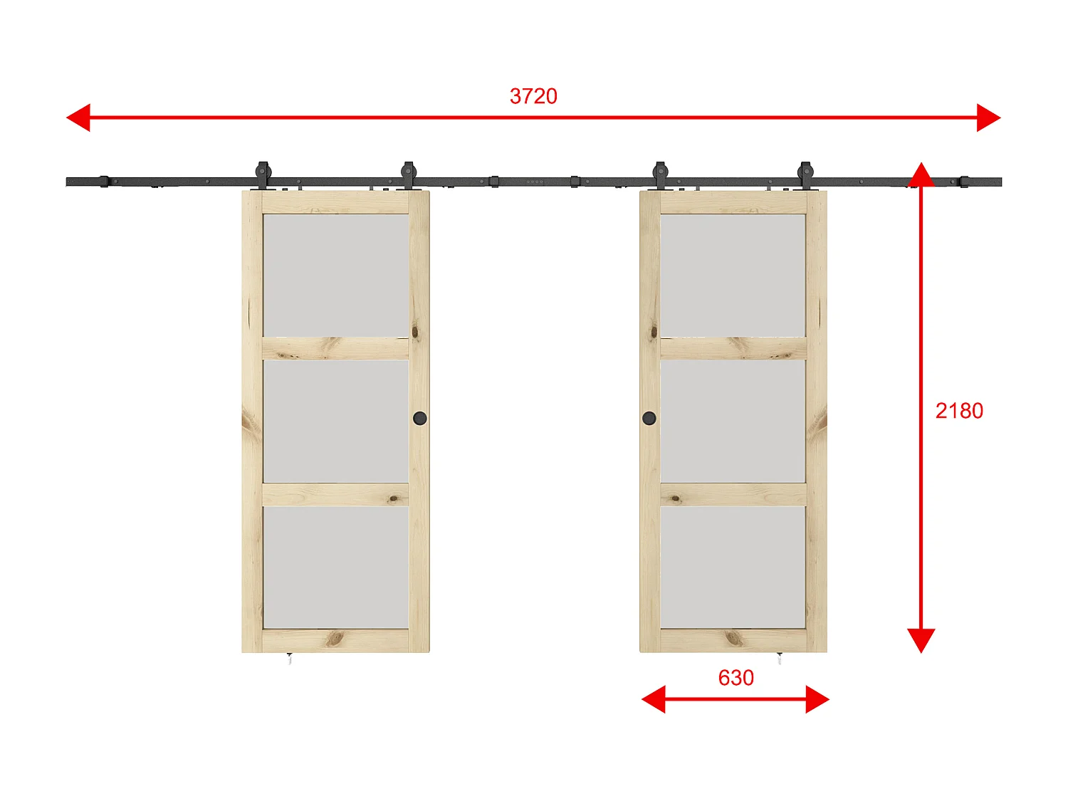 NEW Porte coulissante double avec système en applique en bois et verre trempé dépoli - 3 fenêtres - 2 x H205 x L63 cm - ACOSTA II