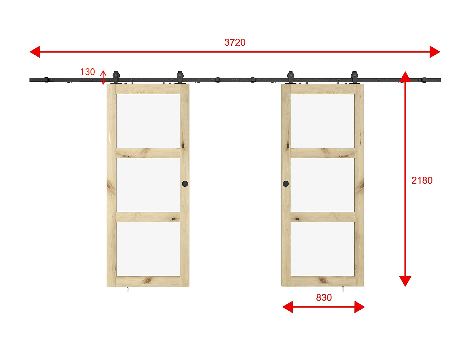 NEW Porte coulissante double avec système en applique en bois et verre trempé dépoli - 3 fenêtres - 2 x H205 x L83 cm - ACOSTA II