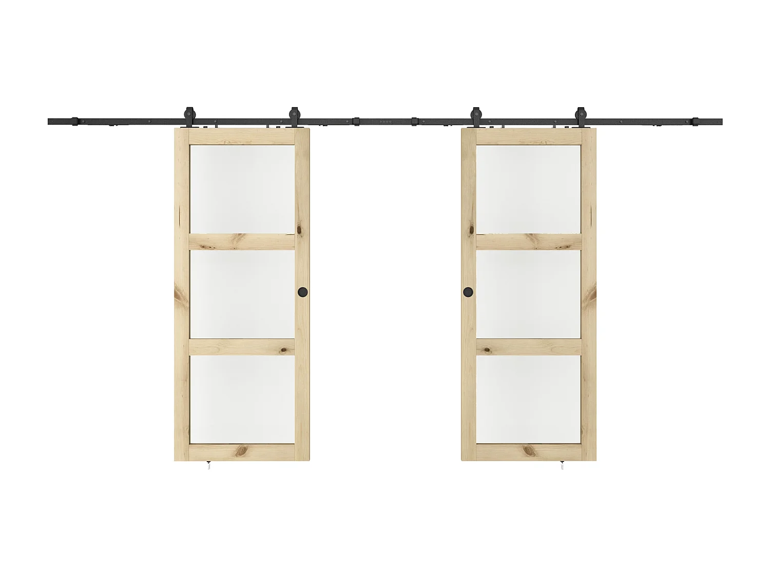 NEW Porte coulissante double avec système en applique en bois et verre trempé dépoli - 3 fenêtres - 2 x H205 x L73 cm - ACOSTA II