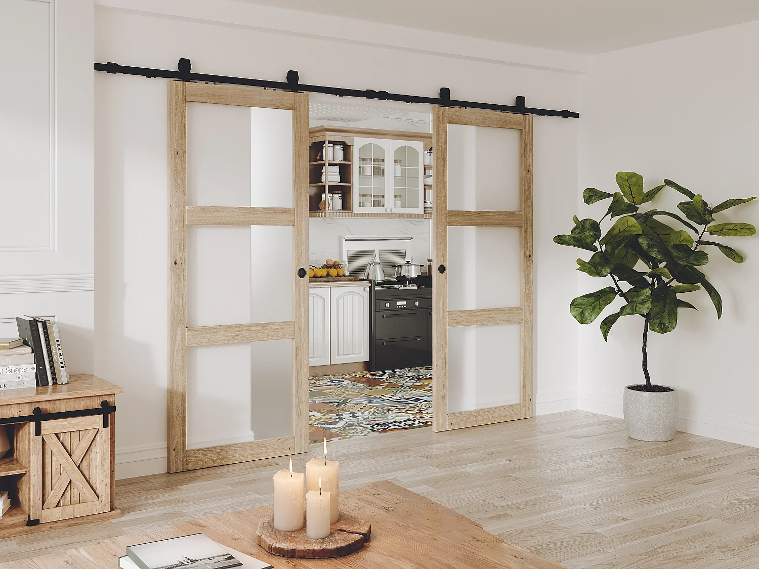NEW Porte coulissante double avec système en applique en bois et verre trempé dépoli - 3 fenêtres - 2 x H205 x L73 cm - ACOSTA II