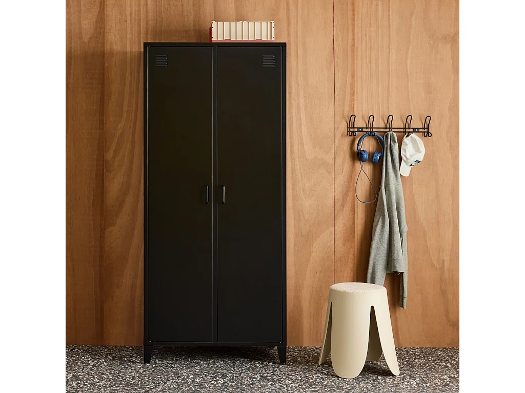 Armoire chambre dressing industriel métal noir 2 portes. 4 étagères. 1 penderie