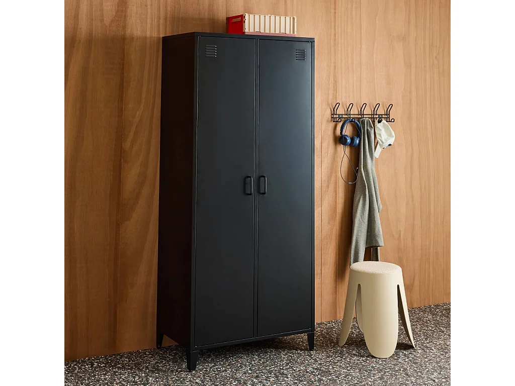 Armoire chambre dressing industriel métal noir 2 portes. 4 étagères. 1 penderie