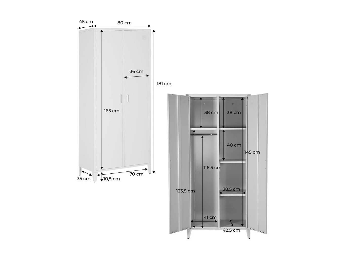 Armoire chambre dressing industriel métal noir 2 portes. 4 étagères. 1 penderie