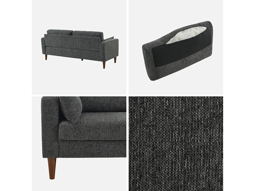 Divano in legno di hevea e ciniglia, 3 posti, grigio scuro