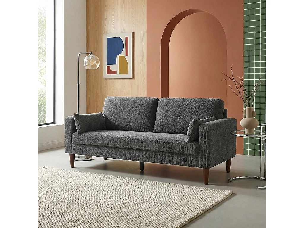 Divano in legno di hevea e ciniglia, 3 posti, grigio scuro