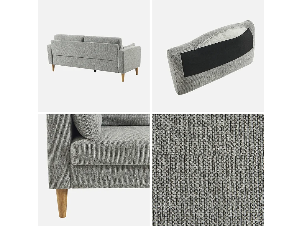 Sofá de madera de hevea y tela chenilla, 3 plazas gris claro