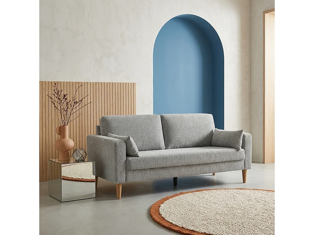 Sofá de madera de hevea y tela chenilla, 3 plazas gris claro