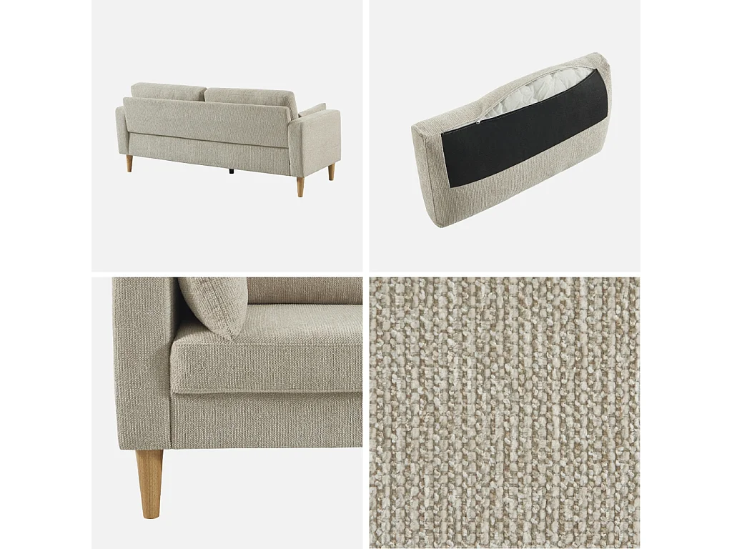 Divano in legno di hevea e ciniglia, 3 posti, beige