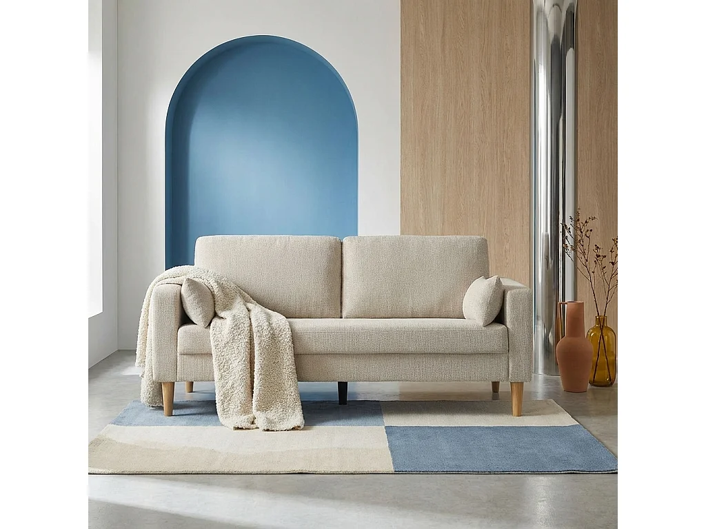 Divano in legno di hevea e ciniglia, 3 posti, beige