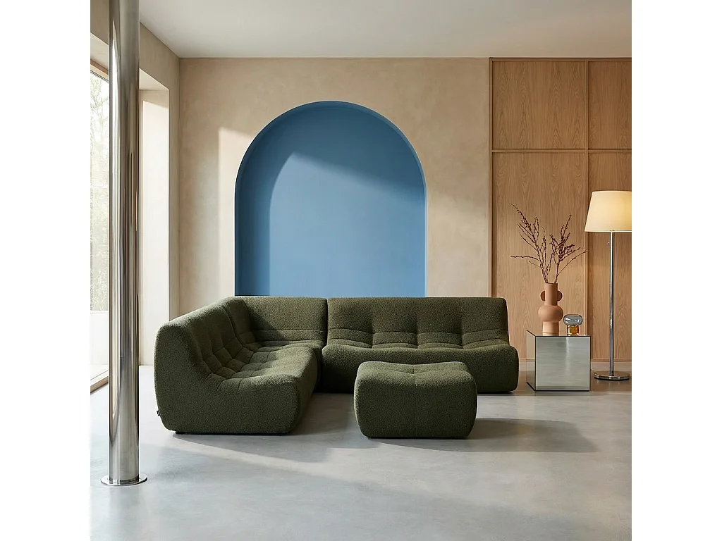 Sofá esquinero modular con reposapiés de borreguito texturizada, 7