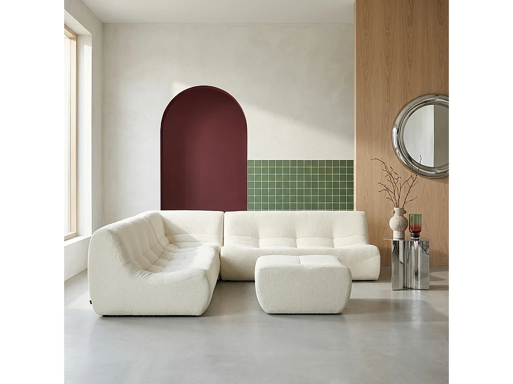 Sofá esquinero modular con reposapiés de borreguito texturizada, 7