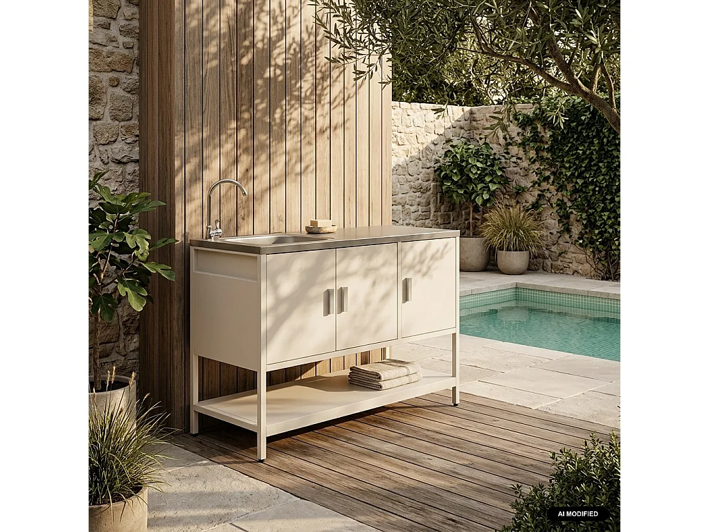 Cucina da esterno modulare in acciaio con lavandino, 120cm, beige